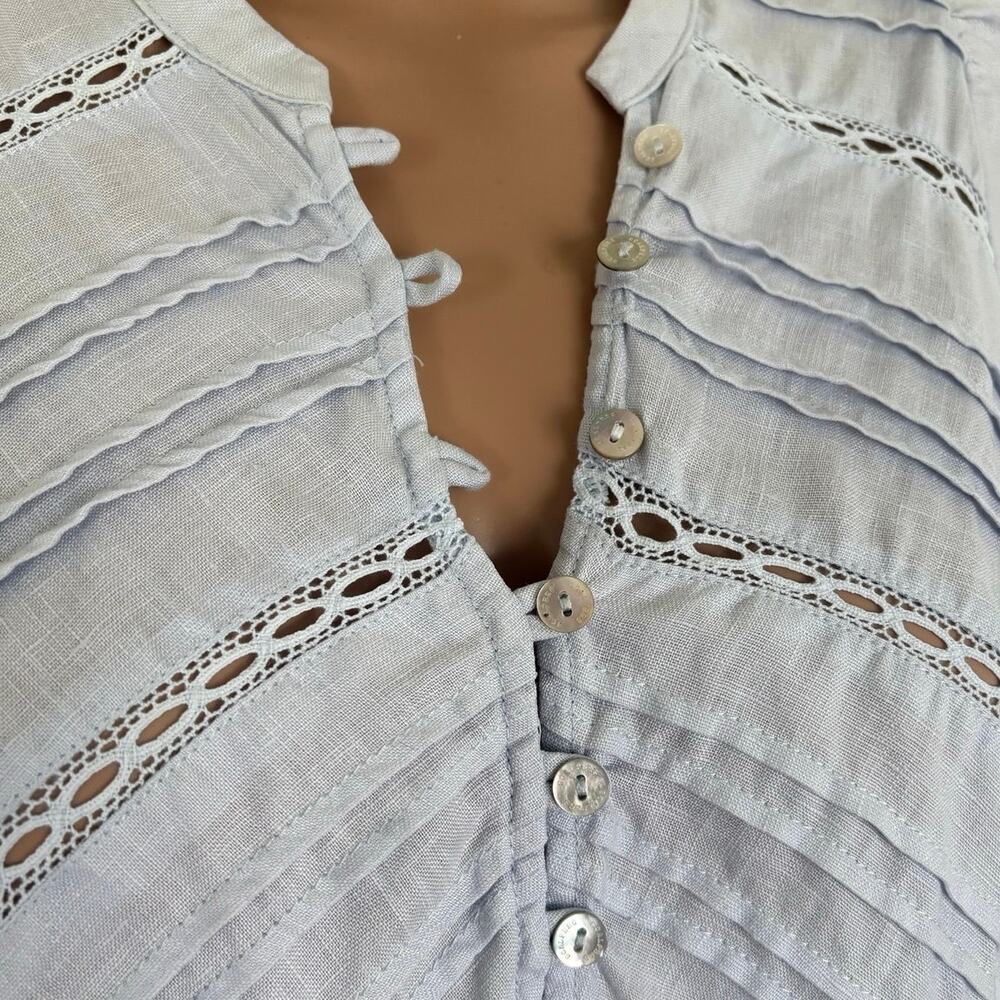 Scalpers Linen Blouse M Blue Pintuck Puff Sleeve Euro Summer Coastal Boho Top - Picture 4 of 10